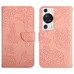 For Huawei P60 Pro HT03 Skin Feel Butterfly Embossed Flip Leather Phone Case(Pink)