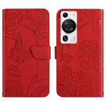 For Huawei P60 Pro HT03 Skin Feel Butterfly Embossed Flip Leather Phone Case(Red)