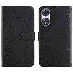 For OPPO A58 4G HT03 Skin Feel Butterfly Embossed Flip Leather Phone Case(Black)