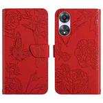 For OPPO A58 4G HT03 Skin Feel Butterfly Embossed Flip Leather Phone Case(Red)