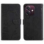 For OPPO A3x India HT03 Skin Feel Butterfly Embossed Flip Leather Phone Case(Black)