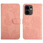 For OPPO Reno13 F HT03 Skin Feel Butterfly Embossed Flip Leather Phone Case(Pink)