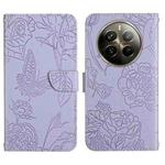 For Realme 12+ Global HT03 Skin Feel Butterfly Embossed Flip Leather Phone Case(Purple)