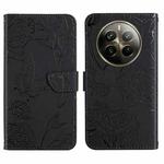 For Realme 12+ Global HT03 Skin Feel Butterfly Embossed Flip Leather Phone Case(Black)