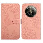 For Realme 12+ Global HT03 Skin Feel Butterfly Embossed Flip Leather Phone Case(Pink)