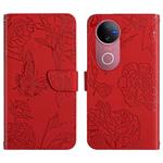 For vivo V50 5G Global HT03 Skin Feel Butterfly Embossed Flip Leather Phone Case(Red)