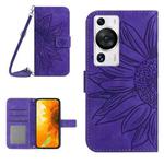 For Huawei P60 Pro Skin Feel Sun Flower Embossed Flip Leather Phone Case with Lanyard(Dark Purple)