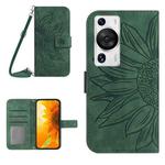 For Huawei P60 Pro Skin Feel Sun Flower Embossed Flip Leather Phone Case with Lanyard(Green)