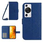 For Huawei P60 Pro Skin Feel Sun Flower Embossed Flip Leather Phone Case with Lanyard(Dark Blue)