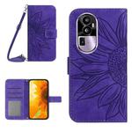 For OPPO Reno10 Pro Skin Feel Sun Flower Embossed Flip Leather Phone Case with Lanyard(Dark Purple)