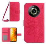 For Realme 11 Pro Skin Feel Sun Flower Embossed Flip Leather Phone Case with Lanyard(Rose Red)