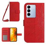 For vivo V27E 4G Global Skin Feel Sun Flower Embossed Flip Leather Phone Case with Lanyard(Red)