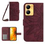 For vivo Y02S Global / Y16 4G Global Skin Feel Sun Flower Embossed Flip Leather Phone Case with Lanyard(Wine Red)