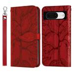 For Google Pixel 8 Life Tree Embossing Pattern Flip Leather Phone Case(Red)