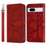 For Google Pixel 7a Life Tree Embossing Pattern Flip Leather Phone Case(Red)