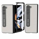 For Samsung Galaxy Z Fold5 ABEEL Integrated Genuine Leather Wave Black Edge Phone Case with Holder(Grey)