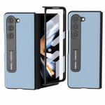 For Samsung Galaxy Z Fold5 ABEEL Integrated Genuine Leather Wave Black Edge Phone Case with Holder(Blue)