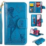 For Samsung Galaxy S20 Woman and Cat Embossed Horizontal Flip Leather Case, with Card Slots & Holder & Wallet & Photo Frame & Mirror & Lanyard(Blue)