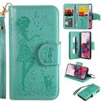 For Samsung Galaxy S20 Woman and Cat Embossed Horizontal Flip Leather Case, with Card Slots & Holder & Wallet & Photo Frame & Mirror & Lanyard(Green)