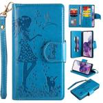 For Samsung Galaxy S20+ Woman and Cat Embossed Horizontal Flip Leather Case, with Card Slots & Holder & Wallet & Photo Frame & Mirror & Lanyard(Blue)