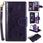 For Samsung Galaxy S20+ Woman and Cat Embossed Horizontal Flip Leather Case, with Card Slots & Holder & Wallet & Photo Frame & Mirror & Lanyard(Purple)
