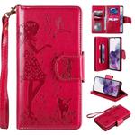 For Samsung Galaxy S20+ Woman and Cat Embossed Horizontal Flip Leather Case, with Card Slots & Holder & Wallet & Photo Frame & Mirror & Lanyard(Red)