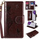 For Samsung Galaxy S20 Ultra Woman and Cat Embossed Horizontal Flip Leather Case, with Card Slots & Holder & Wallet & Photo Frame & Mirror & Lanyard(Brown)