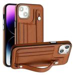 For iPhone 14 Plus Shockproof Leather Phone Case with Wrist Strap(Brown)
