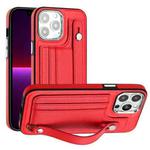 For iPhone 14 Pro Shockproof Leather Phone Case with Wrist Strap(Red)