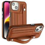 For iPhone 13 Shockproof Leather Phone Case with Wrist Strap(Brown)