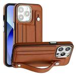 For iPhone 13 Pro Shockproof Leather Phone Case with Wrist Strap(Brown)