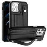 For iPhone 12 Pro Max Shockproof Leather Phone Case with Wrist Strap(Black)