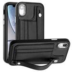 For iPhone XR Shockproof Leather Phone Case with Wrist Strap(Black)
