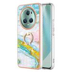 For Honor Magic5 Pro Electroplating Marble IMD TPU Phone Case with Ring Holder(Green 004)