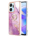 For Honor X7a Electroplating Marble IMD TPU Phone Case with Ring Holder(Purple 001)