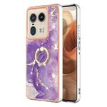 For Motorola Edge 50 Ultra Electroplating Marble IMD TPU Phone Case with Ring Holder(Purple 002)