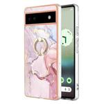 For Google Pixel 6a Electroplating Marble IMD TPU Phone Case with Ring Holder(Rose Gold 005)
