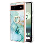 For Google Pixel 6a Electroplating Marble IMD TPU Phone Case with Ring Holder(Green 003)