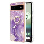 For Google Pixel 6a Electroplating Marble IMD TPU Phone Case with Ring Holder(Purple 002)