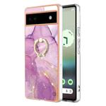 For Google Pixel 6a Electroplating Marble IMD TPU Phone Case with Ring Holder(Purple 001)