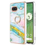 For Google Pixel 7a Electroplating Marble IMD TPU Phone Case with Ring Holder(Green 004)