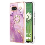 For Google Pixel 7a Electroplating Marble IMD TPU Phone Case with Ring Holder(Purple 001)