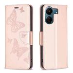 For Xiaomi Redmi 13C Two Butterflies Embossing Leather Phone Case(Rose Gold)