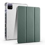 For Xiaomi Pad 6S Pro 3-fold Clear TPU Smart Leather Tablet Case with Pen Slot(Dark Green)