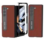 For Samsung Galaxy Z Fold5 ABEEL Integrated Genuine Silky Soft Black Edge Phone Case with Holder(Coffee)