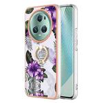 For Honor Magic5 Pro Electroplating IMD TPU Phone Case with Ring(Purple Flower)