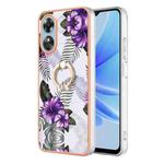For OPPO A17 Electroplating IMD TPU Phone Case with Ring(Purple Flower)