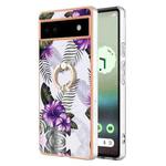 For Google Pixel 6a Electroplating IMD TPU Phone Case with Ring(Purple Flower)