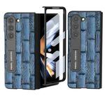 For Samsung Galaxy Z Fold5 ABEEL Integrated Genuine Leather Mahjong Texture Series Phone Case with Holder(Blue)