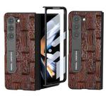 For Samsung Galaxy Z Fold5 ABEEL Integrated Genuine Leather Mahjong Texture Series Phone Case with Holder(Brown)